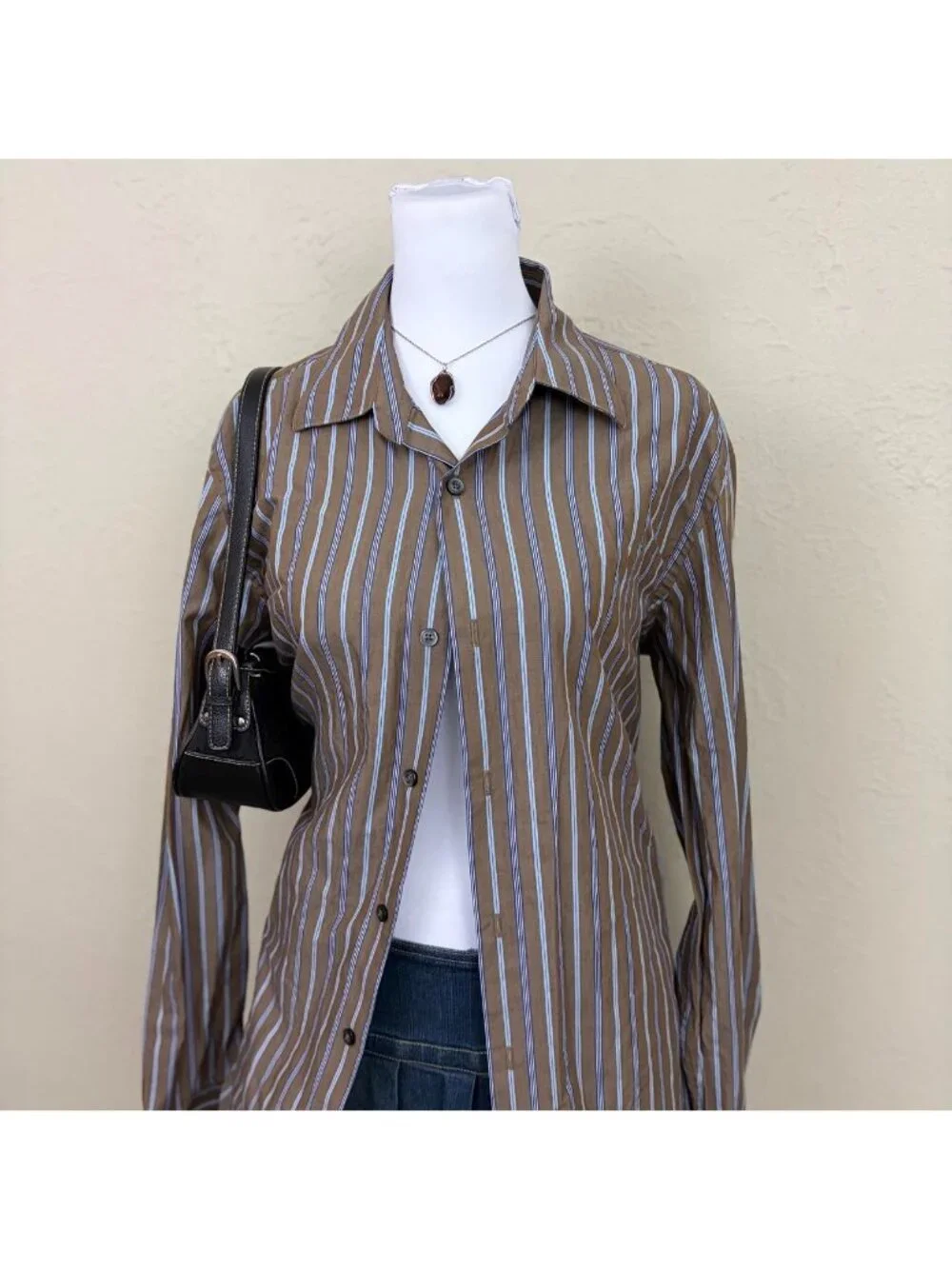 brown blue pinstripe alt emo grunge button down shirt
